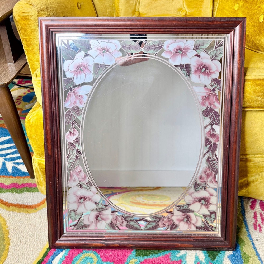 Vintage Frosted Magnolia Wall Mirror 22.5"x18.5" Wood Frame Floral Cottagecore